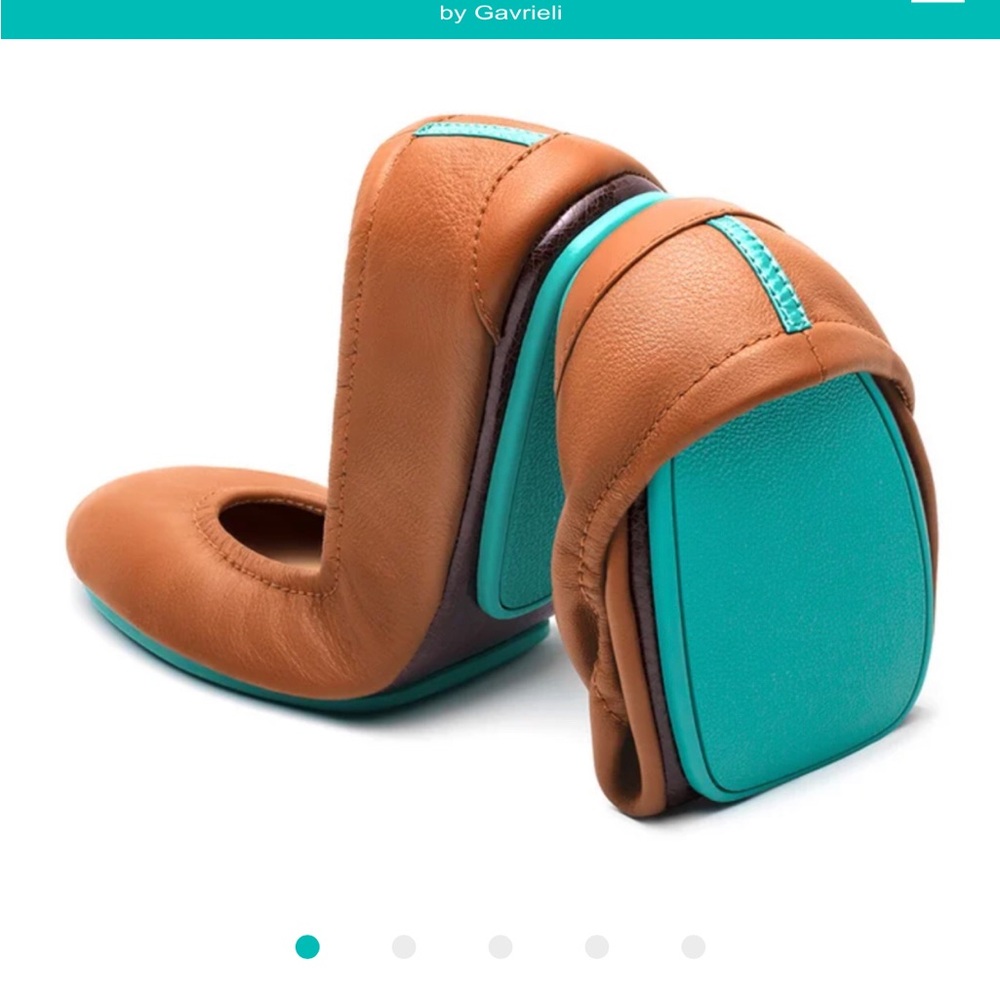 Tieks Chestnut Brown and Teal Leather Flats